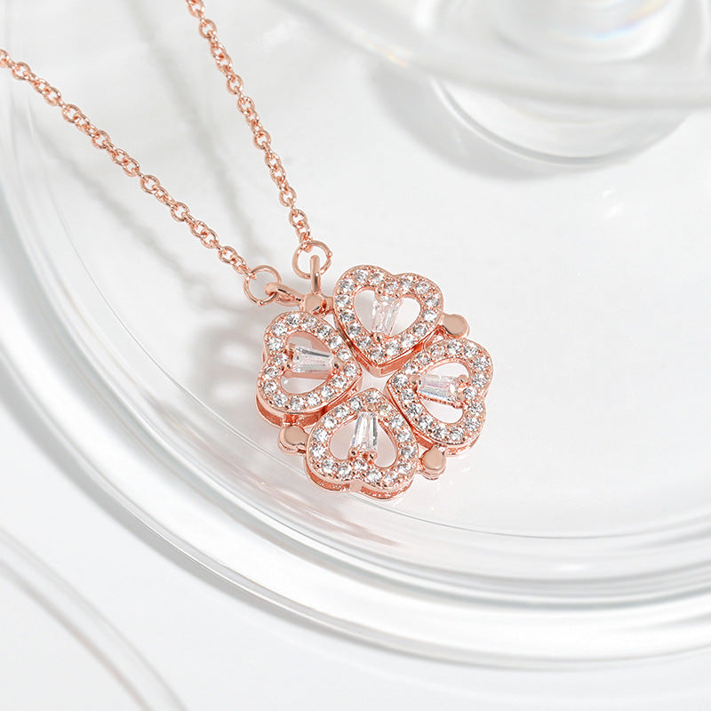Two-Wearing Love Flower Pendant Heart-to-Heart Niche Design Sense One-Style Multi-Wearing Heart-Shaped Four-leaf Clover Necklace
